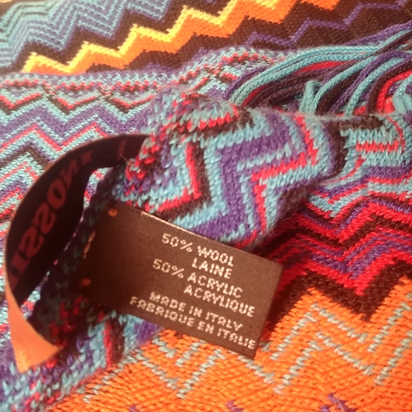Missoni Chevron Zigzag Multicolor Wool Blend Fringed Knit Scarf Italy orange - Picture 3 of 6